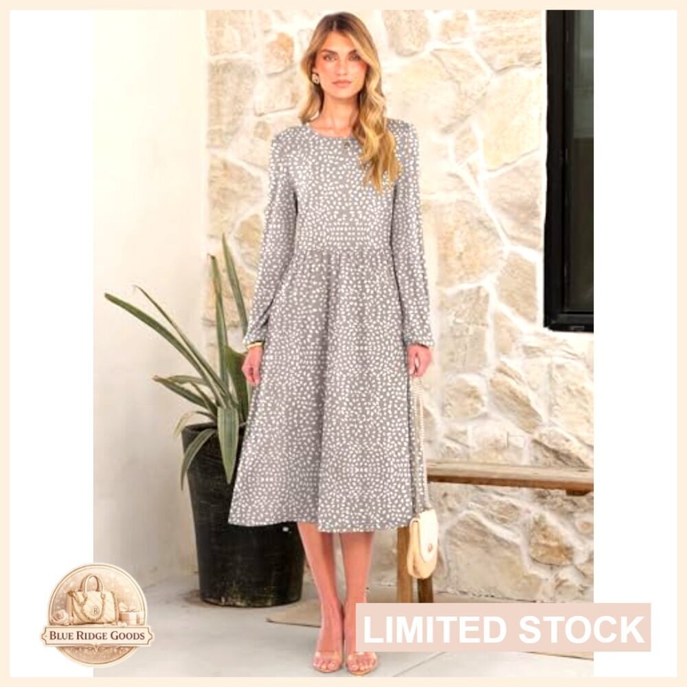 Long Sleeve Midi Dress Flowy A-Line Casual Elegant Fall Fashion with Pocket - Picture 3 of 7